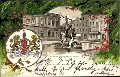 Präge Wappen Passepartout Litho Hansestadt Bremen, Teichsmannsbrunnen