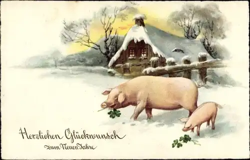 Ak Glückwunsch Neujahr, Schweine fressen Kleeblätter, verschneites Haus