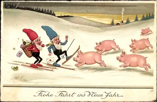 Ak Glückwunsch Neujahr, Zwerge auf Skiern, Schweine