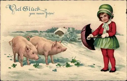 Litho Glückwunsch Neujahr, Mädchen mit Schirm, zwei Schweine, Kleeblätter