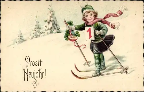 Ak Glückwunsch Neujahr, Mädchen auf Skiern, Kalenderblatt, Kleeblätter, Pilz