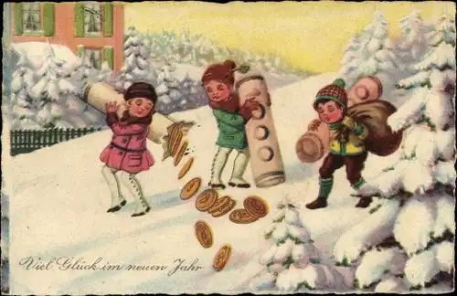 Ak Glückwunsch Neujahr, Kinder mit Geldsäcken und Münzrollen, Winterlandschaft