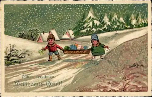 Ak Frohe Weihnachten, Kinder mit Geschenken, Winterlandschaft