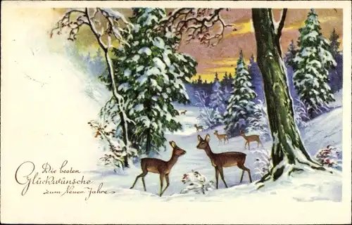Ak Glückwunsch Neujahr, Winterlandschaft, Rehe