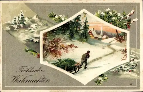 Präge Ak Frohe Weihnachten, Mann transportiert Tannenbaum auf einem Schlitten, Winterlandschaft