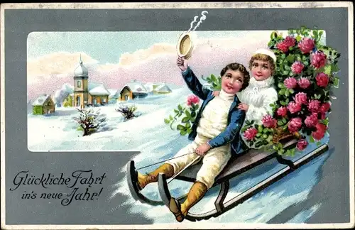 Ak Glückwunsch Neujahr, Kinder auf einem Schlitten, Kleeblätter
