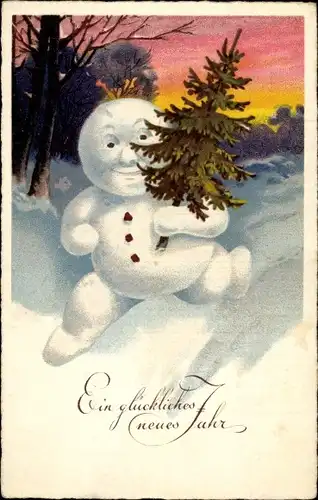 Ak Glückwunsch Neujahr, Schneemann mit Tannenbaum