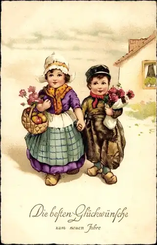 Litho Glückwunsch Neujahr, Junge und Mädchen mit Holzschuhen, Blumenstrauß