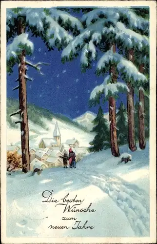 Ak Glückwunsch Neujahr, Winterlandschaft, verschneites Dorf