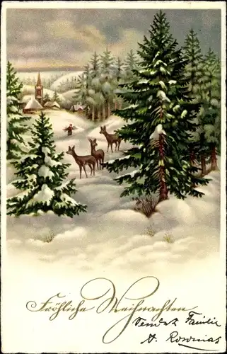 Ak Frohe Weihnachten, Winterlandschaft, Rehe