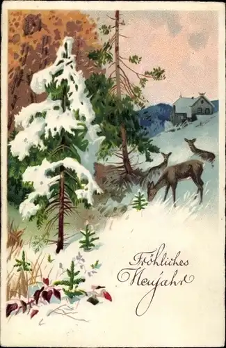 Ak Glückwunsch Neujahr, Winterlandschaft, Rehe