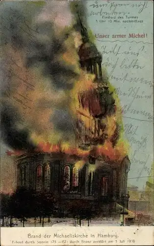 Ak Hamburg Mitte Altstadt, Brand der St. Michaeliskirche am 3 Juli 1906