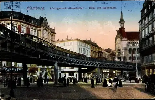 Ak Hamburg Mitte Altstadt, Rödingsmarkt, Grasskeller, Ecke mit Hochbahn
