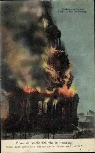 Ak Hamburg, Einsturz des Turmes, Brand der Michaeliskirche