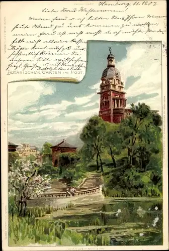 Künstler Litho Hamburg, Botanischer Garten, Zool. Garten, Hauptpostgebäude