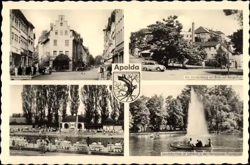 Ak Apolda im Weimarer Land Thüringen, Bahnhofstraße, Heidenberg, Bergschule, Stadtbad, Leuchtfontäne