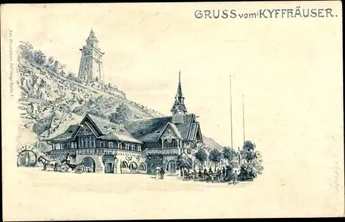 Litho Steinthaleben Kyffhäuserland in Thüringen, Kyffhäuser, Kaiser Wilhelm Denkmal, Gasthaus