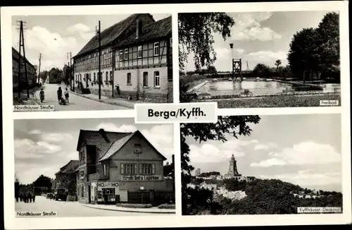 Ak Berga in Thüringen, Nordhäuser Straße, Freibad, Kyffhäuser Denkmal