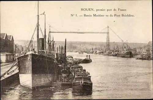 Ak Rouen Seine Maritime, Bassin Maritime vu du Pont Boieldieu, Pont Transbordeur
