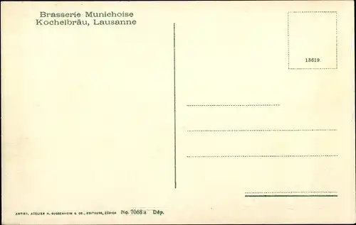 Ak Lausanne Kanton Waadt, Brasserie Munichoise, Kochelbräu, Innenansicht