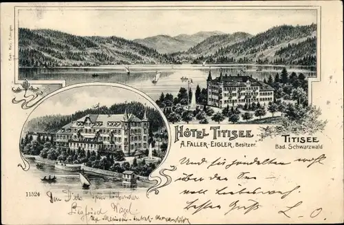 Litho Titisee Neustadt im Breisgau Hochschwarzwald, Hotel Titisee, Berge, Seepartie