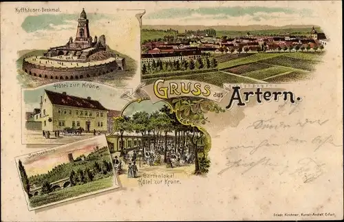 Litho Artern an der Unstrut, Kyffhäuserdenkmal, Hotel zur Krone, Sachsenburg, Totalansicht
