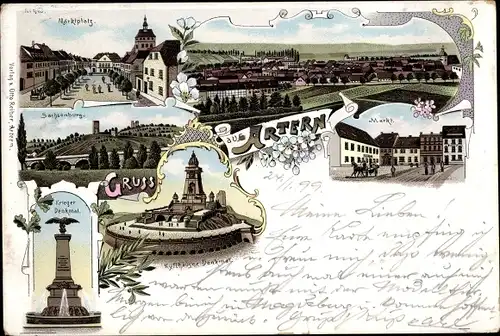 Litho Artern an der Unstrut, Kyffhäuserdenkmal, Marktplatz, Sachsenburg, Totalansicht