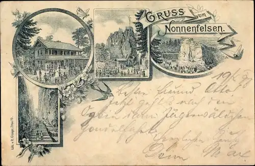 Litho Jonsdorf in Sachsen, Nonnenfelsen, Treppe, Gasthaus, Schmetterling