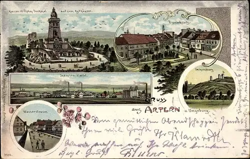 Litho Artern an der Unstrut, Kyffhäuserdenkmal, Sachsenburg, Bismarckplatz, Totalansicht