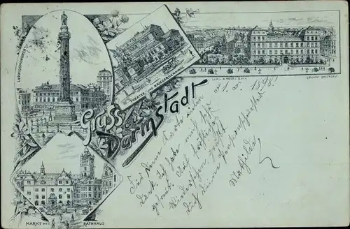 Litho Darmstadt in Hessen, Ludwigsmonument, Marktplatz, Rathaus, Theater, Kriegerdenkmal