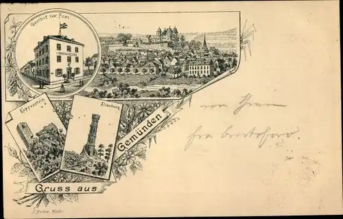 Litho Gemünden im Hunsrück, Gasthof zur Post, Koppenstein, Altenburg, Blick auf den Ort