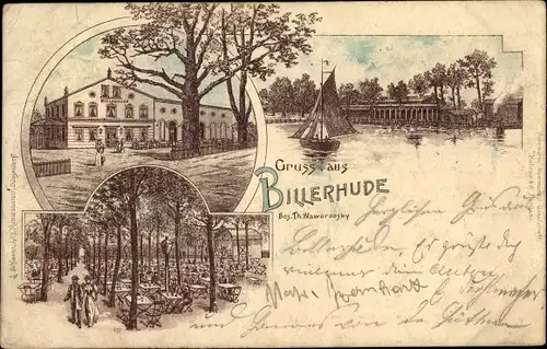 Litho Hamburg Mitte Rothenburgsort Billerhude, Gasthaus, Segelboot