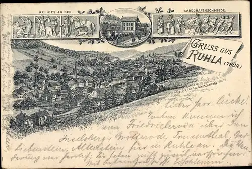 Litho Ruhla in Thüringen, Reliefs an der Landgrafenschmiede, Blick auf den Ort, Gasthaus
