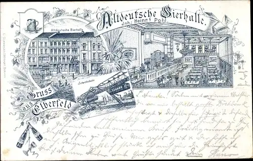 Litho Elberfeld Wuppertal, Gasthaus, Altdeutsche Bierhalle, Innenansicht, Schwebebahn