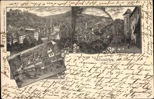 Litho Neuenbürg im Schwarzwald Württemberg, Schloss, Straßenpartie, Totalansicht