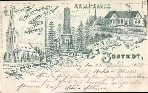 Litho Idstedt in Schleswig Holstein, Jubiläumskarte der Schlacht 1900, Gedächtniskirche, Denkmal