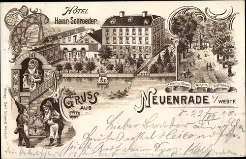 Litho Neuenrade im Sauerland, Hotel, Wall mit Kaiser Wilhelm I Denkmal, Zwerge