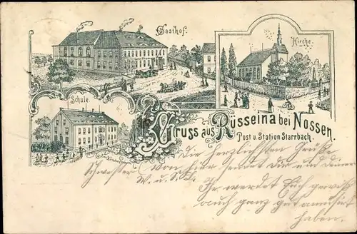 Litho Rüsseina Nossen in Sachsen, Kirche, Gasthof, Schule