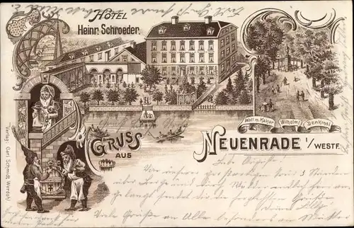 Litho Neuenrade im Sauerland, Hotel, Wall mit Kaiser Wilhelm I Denkmal, Zwerge