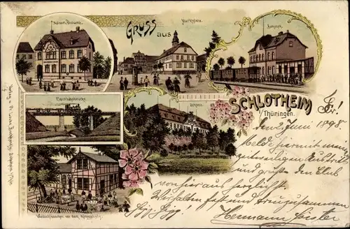 Litho Schlotheim in Thüringen, Bahnhof, Gleisseite, Marktplatz, Schloss, Postamt, Waldschlösschen