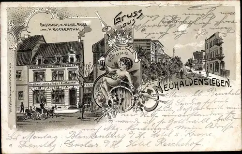 Litho Neuhaldensleben Haldensleben Börde, Gasthaus zum Weißen Ross, Bahnhofstraße