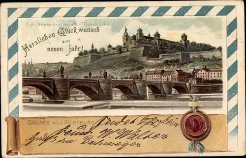 Litho Würzburg am Main Unterfranken, Glückwunsch Neujahr, Feste Marienberg, Mainbrücke