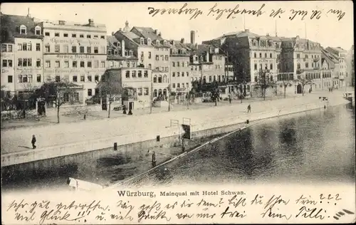 Ak Würzburg am Main Unterfranken, Mainquai mit Hotel Schwan