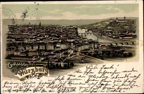 Litho Würzburg am Main Unterfranken, Totalansicht der Ortschaft