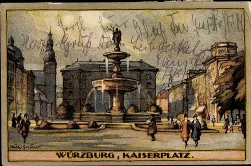 Steindruck Künstler Ak Greiner, Wilh., Würzburg am Main Unterfranken, Kaiserplatz, Brunnen