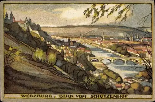 Steindruck Künstler Ak Greiner, Wilh., Würzburg am Main Unterfranken, Blick vom Schützenhof