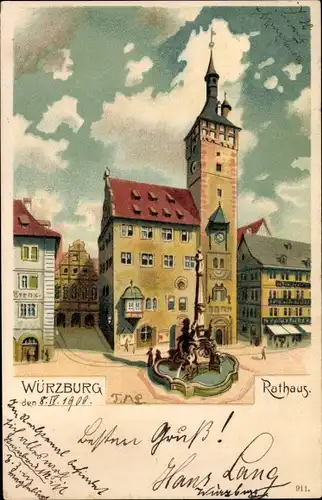 Künstler Litho Würzburg am Main Unterfranken, Rathaus, Brunnen