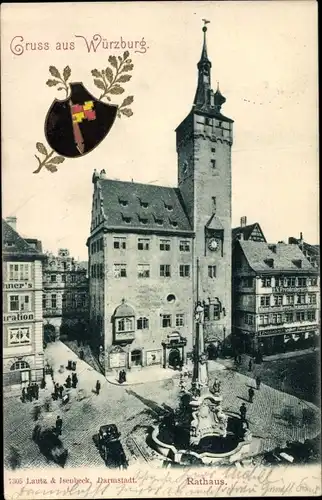 Wappen Ak Würzburg am Main Unterfranken, Rathaus, Brunnen, Restauration