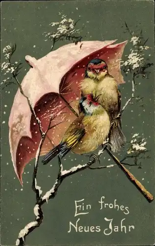 Präge Ak Glückwunsch Neujahr, Vögel unter einem Schirm im Schneefall