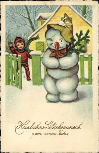 Ak Glückwunsch Neujahr, Schneemann, Kind wirft Schneeball
